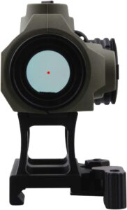 チューブ型のドットサイトを前から見たところ(オリーブ色・レンズの中に赤い点)