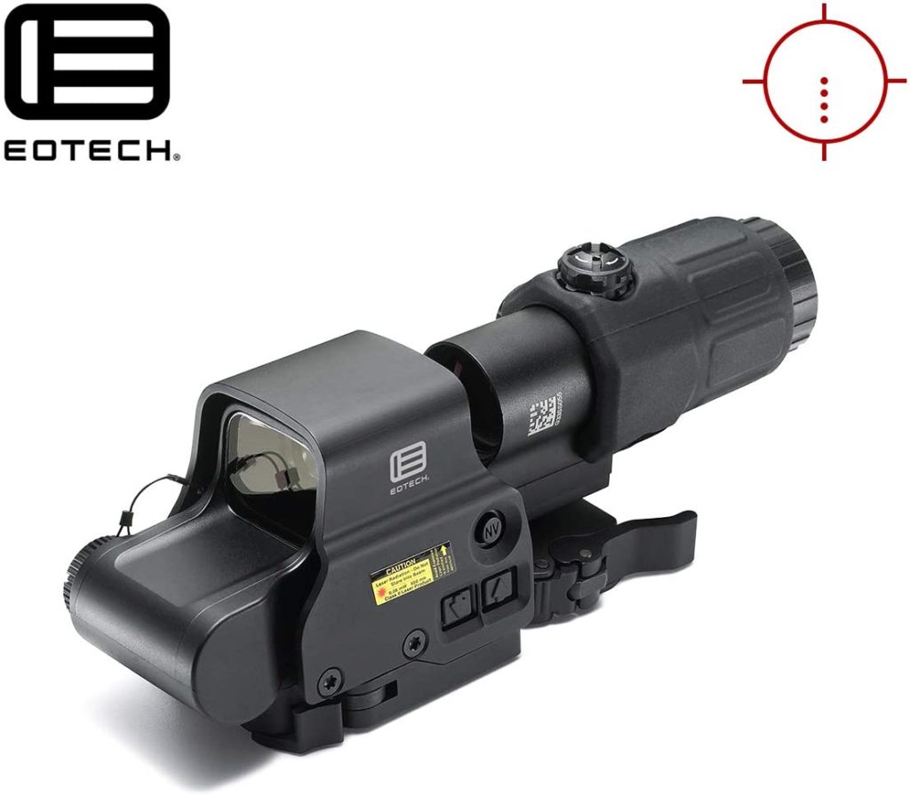 EOTech のロゴと、ブースターを付けたホロサイト（黒）