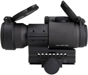 実物 エイムポイント ドットサイト #12841 PatrolRifleOptics(黒・レンズのふたを開けた状態)