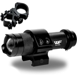ライフル・サブマシンガン用のウェポンライトの例（WF OPTICAL のライト・黒・マウントリング付き）