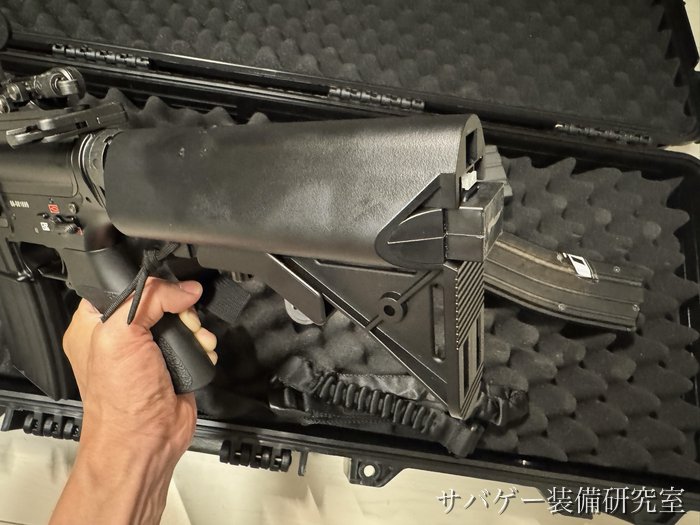 SOPMODバッテリーを奥まで入れたHK416D デルタカスタムのストック(パッドを付ける前)