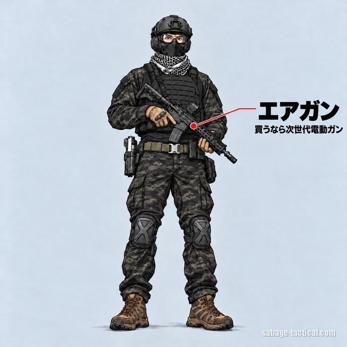 エアガン＝買うなら次世代電動ガン。HK416 デルタカスタムを構えたサバゲーのフル装備のイラスト