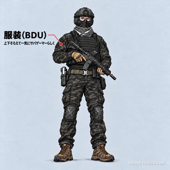 服装（BDU）＝上下そろえて一気にサバゲーマーらしく。迷彩の戦闘服を着たサバゲーのフル装備のイラスト