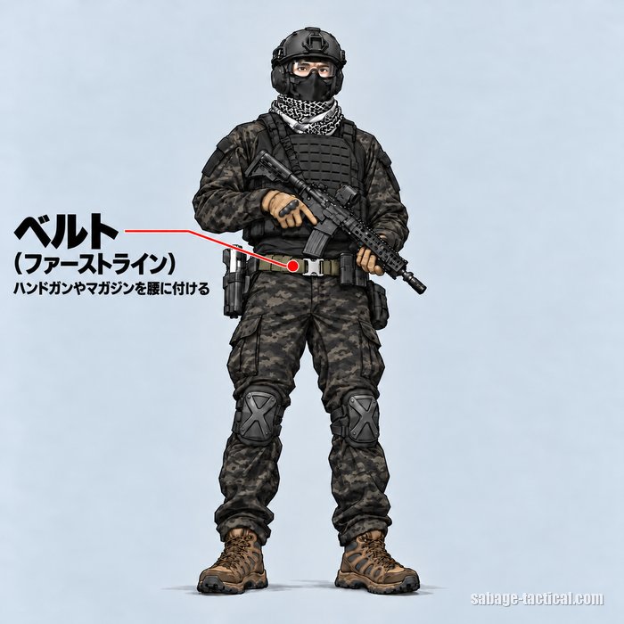 ベルト（ファーストライン）＝ハンドガンやマガジンを腰に付ける。デューティーベルトを締めたサバゲーのフル装備のイラスト