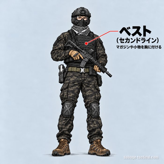 ベスト（セカンドライン）＝マガジンや小物を胸に付けるプレートキャリアを着た、サバゲーのフル装備のイラスト